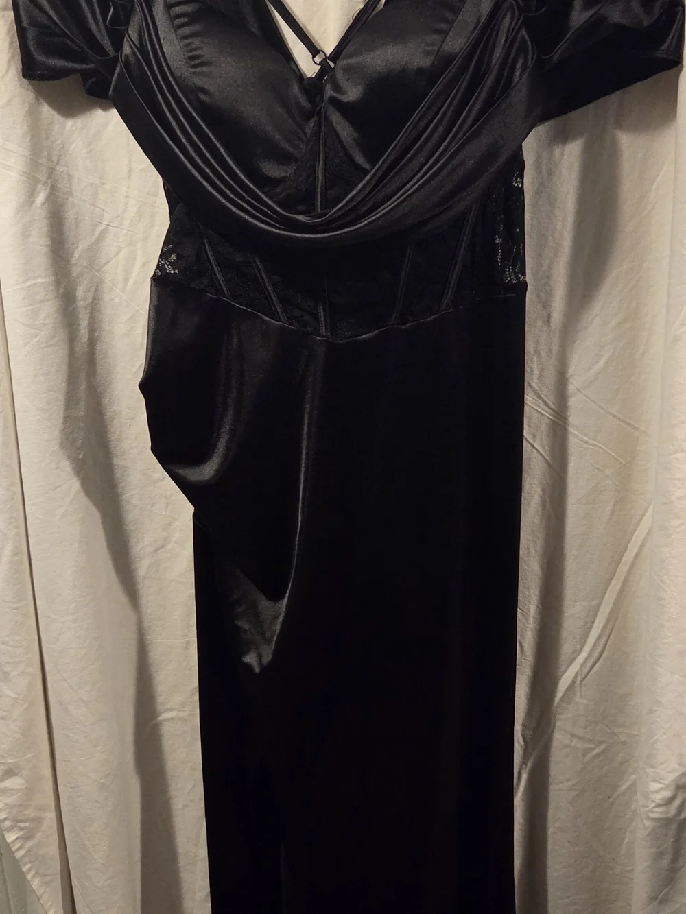 SHEIN Black Satin Draped Chemise with Lace Insets